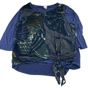 Chico's Blouse Women's Size 3 Blue Multicolor XL Peacock Velour Sheer Lined Top
